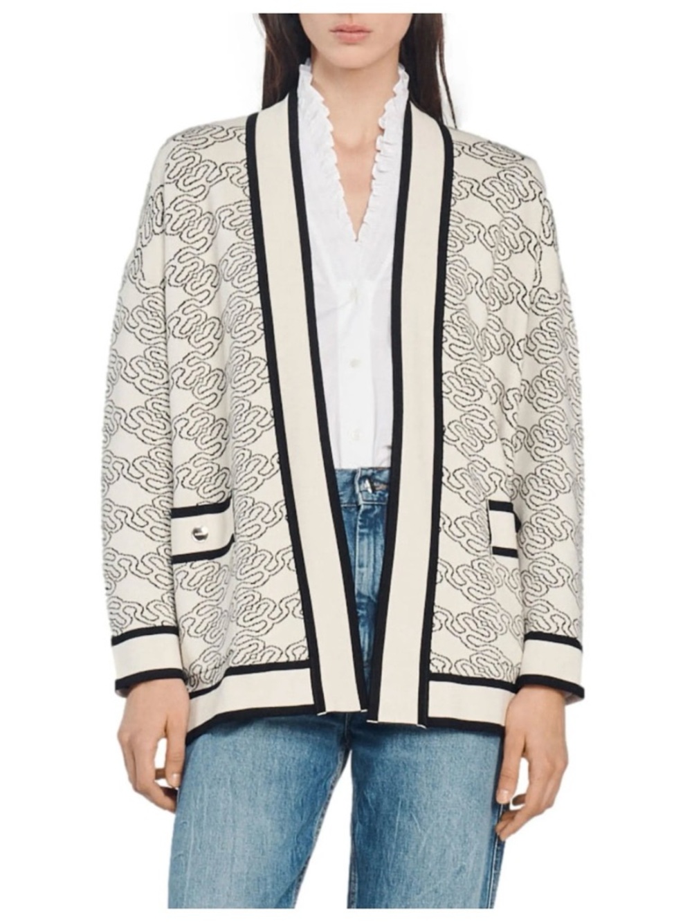 Sandro Enea Reversible Jacquard Knit Ivory Black Open Cardigan